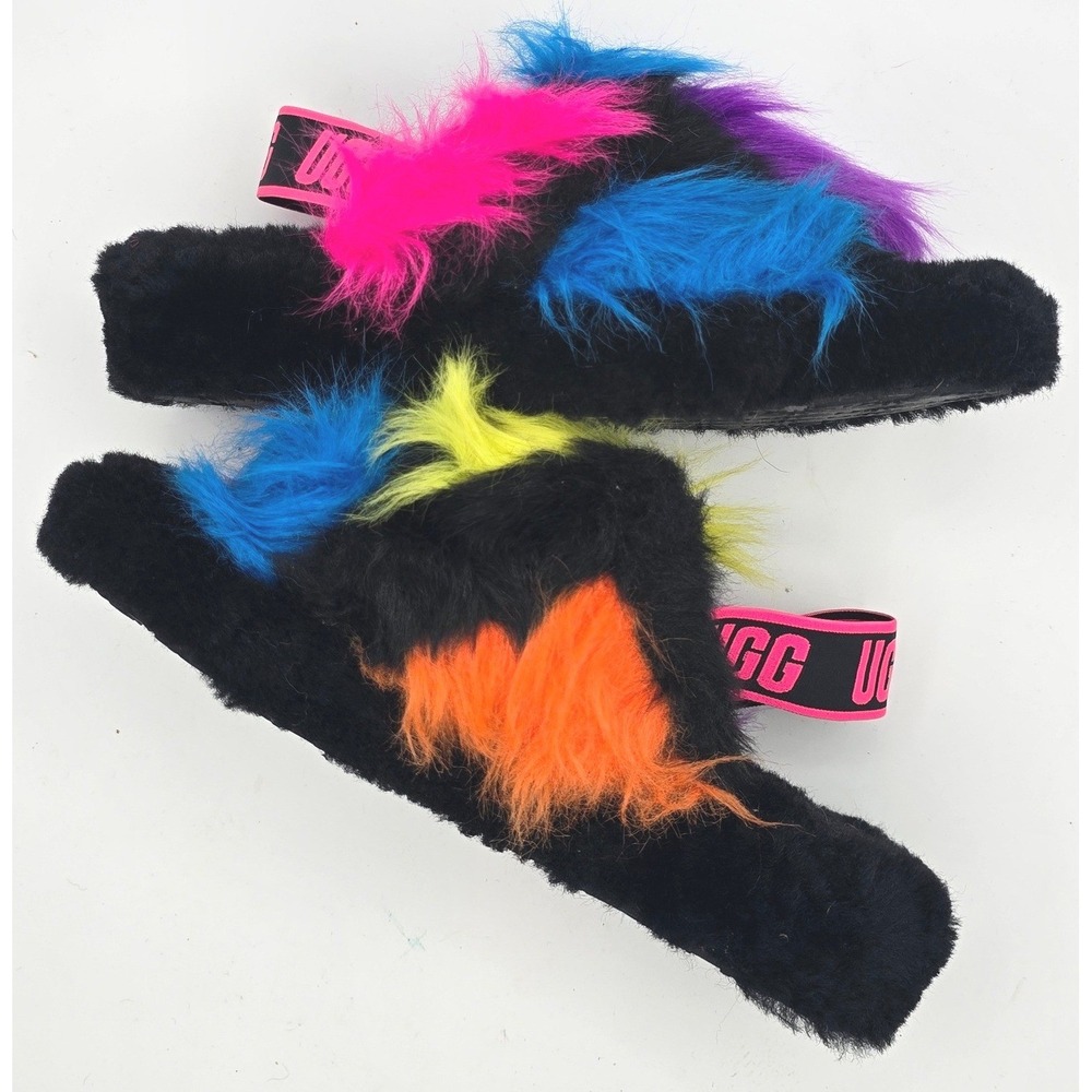 UGG Fluff Yeah Party Spots Slides Black Multicolor Womens 8 Fur Sandals Slippers - Picture 3 of 10